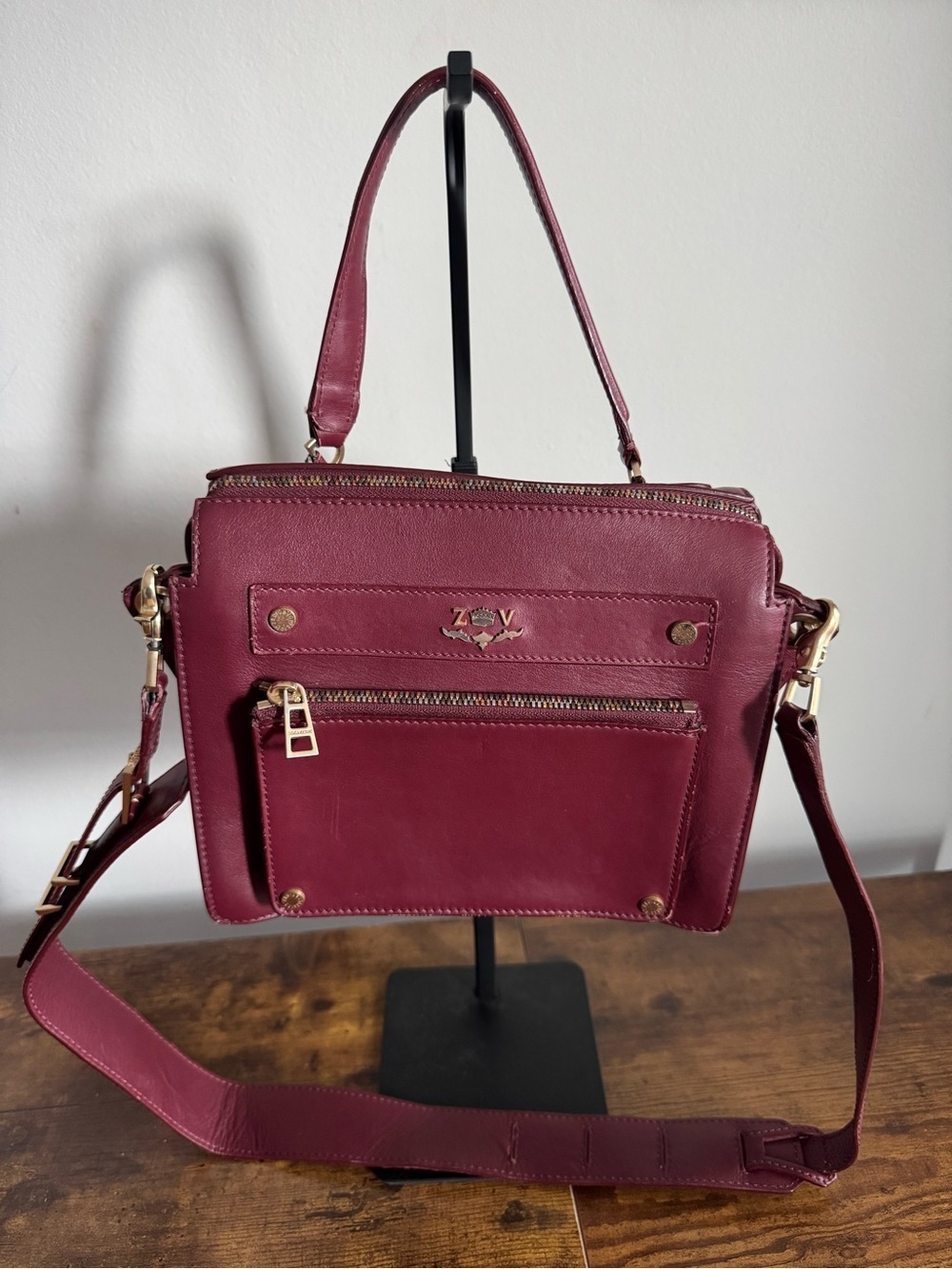 Zadig & Voltaire Wine Burgundy Leather Satchel with Gold Hardware